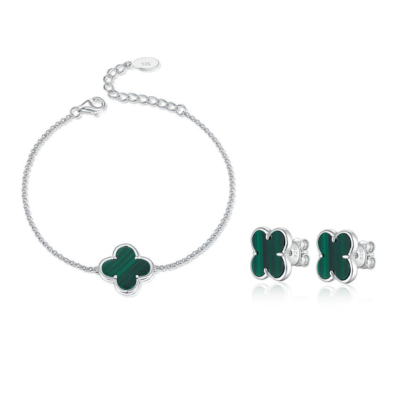 Wholesale 925 Sterling Silver Natural Malachite Fourleaf Clover Simple Style Seiko Bracelet And Earrings Set For Women