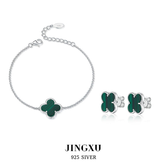 Wholesale 925 Sterling Silver Natural Malachite Fourleaf Clover Simple Style Seiko Bracelet And Earrings Set For Women
