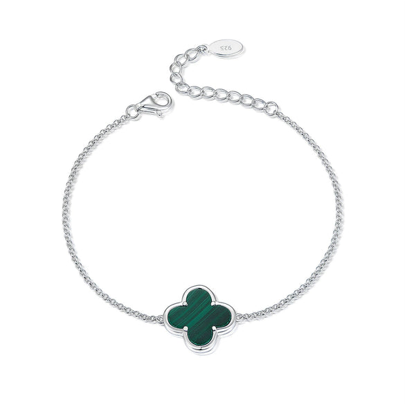 Wholesale 925 Sterling Silver Natural Malachite Fourleaf Clover Simple Style Seiko Bracelet And Earrings Set For Women