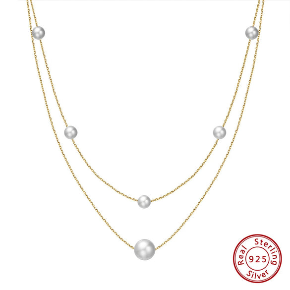 Wholesale 925 Sterling Silver Necklace With Natural Freshwater Pearl Double Layer Overlapping Clavicle Chain Geometric Retro Design Electroplated For Women