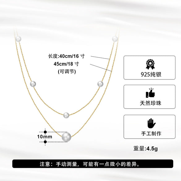 Wholesale 925 Sterling Silver Necklace With Natural Freshwater Pearl Double Layer Overlapping Clavicle Chain Geometric Retro Design Electroplated For Women