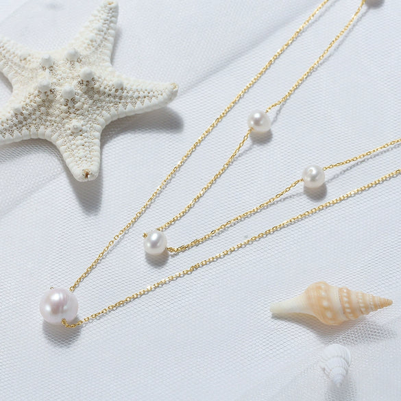 Wholesale 925 Sterling Silver Necklace With Natural Freshwater Pearl Double Layer Overlapping Clavicle Chain Geometric Retro Design Electroplated For Women