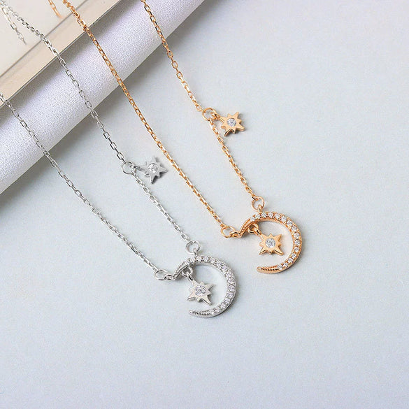 Wholesale Sterling Silver Necklace With Star Moon Design And Electroplating Process For Female