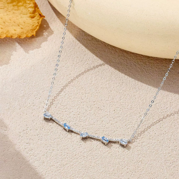 Wholesale 925 Sterling Silver Pear Shaped Blue Zircon Row Necklace For Women Electroplated With Platinum Or 18K Gold