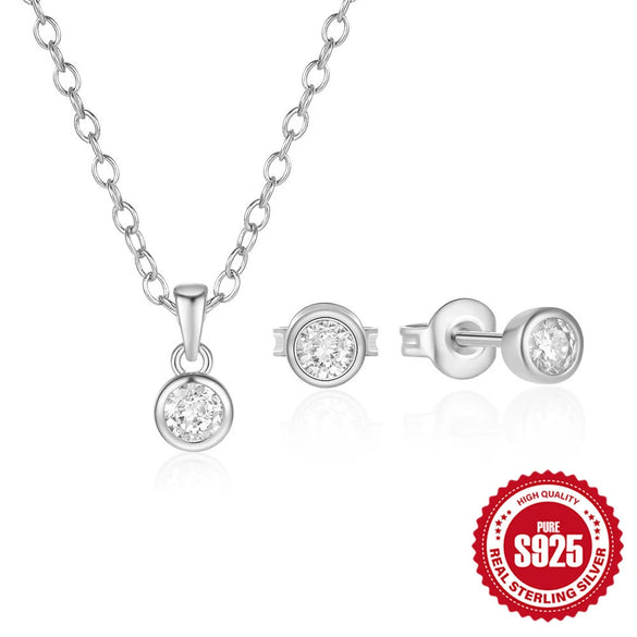 Wholesale 925 Sterling Silver Simple Classic Round Edge Inlaid Zircon Necklace And Ear Studs Set With Electroplating