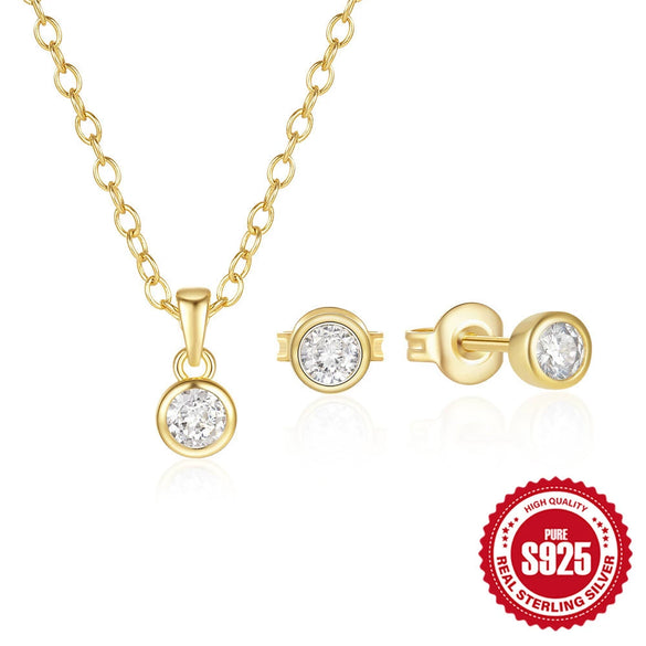 Wholesale 925 Sterling Silver Simple Classic Round Edge Inlaid Zircon Necklace And Ear Studs Set With Electroplating