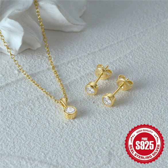 Wholesale 925 Sterling Silver Simple Classic Round Edge Inlaid Zircon Necklace And Ear Studs Set With Electroplating