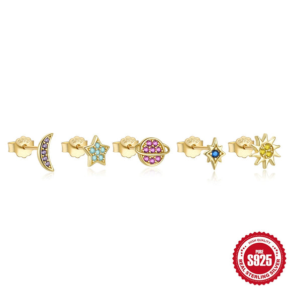 Wholesale 925 Sterling Silver Star Moon Planet 5 Piece Set Ear Studs Earrings With Plant Flower Pattern And Inlaid Zircon