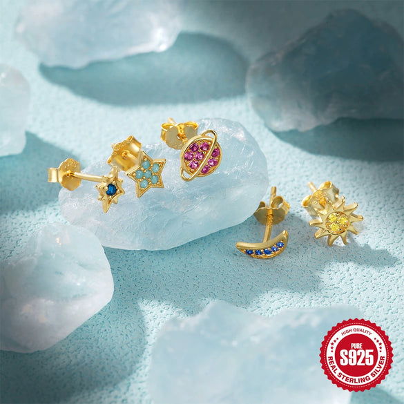 Wholesale 925 Sterling Silver Star Moon Planet 5 Piece Set Ear Studs Earrings With Plant Flower Pattern And Inlaid Zircon