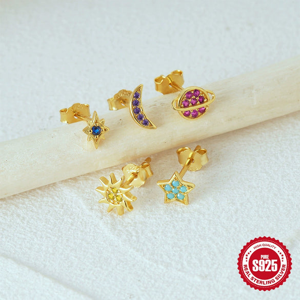 Wholesale 925 Sterling Silver Star Moon Planet 5 Piece Set Ear Studs Earrings With Plant Flower Pattern And Inlaid Zircon