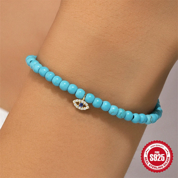 Wholesale 925 Sterling Silver Turquoise Handmade Beaded Geometric Bracelet For Women With Real Gold Electroplating