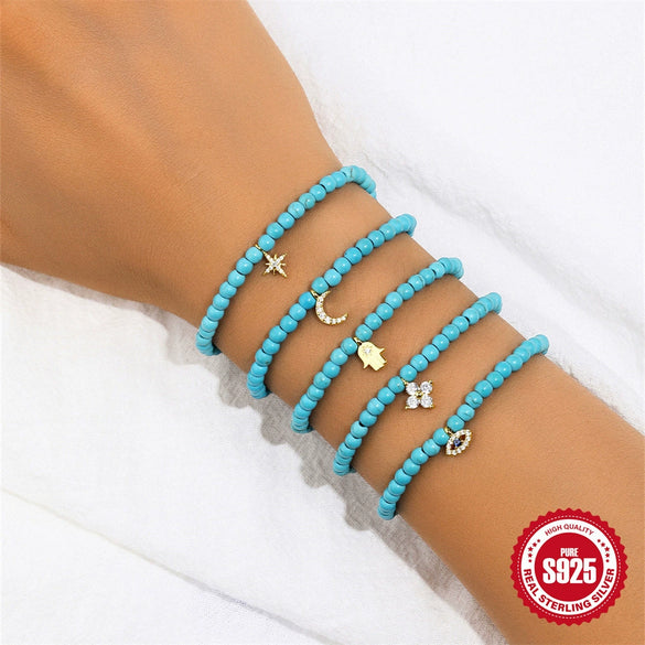 Wholesale 925 Sterling Silver Turquoise Handmade Beaded Geometric Bracelet For Women With Real Gold Electroplating