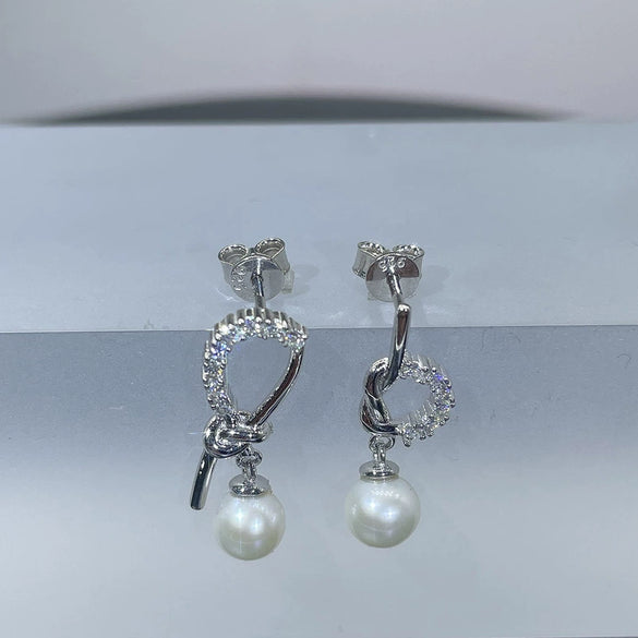Wholesale 925 Sterling Silver Women's Asymmetric Geometric Earrings With Freshwater Pearl And Diamond