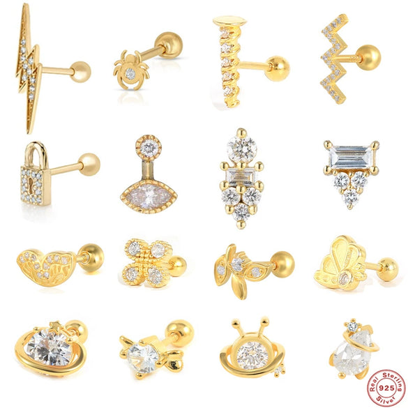 Wholesale 925 Sterling Silver Women's Geometric Ufo Butterfly Insect Spiral Small Gold Ball Ear Studs With Electroplating