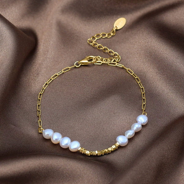 Wholesale 925 Sterling Silver Women's Natural Baroque Pearl Small Bell Geometric Style Electroplated Bracelet Jewelry