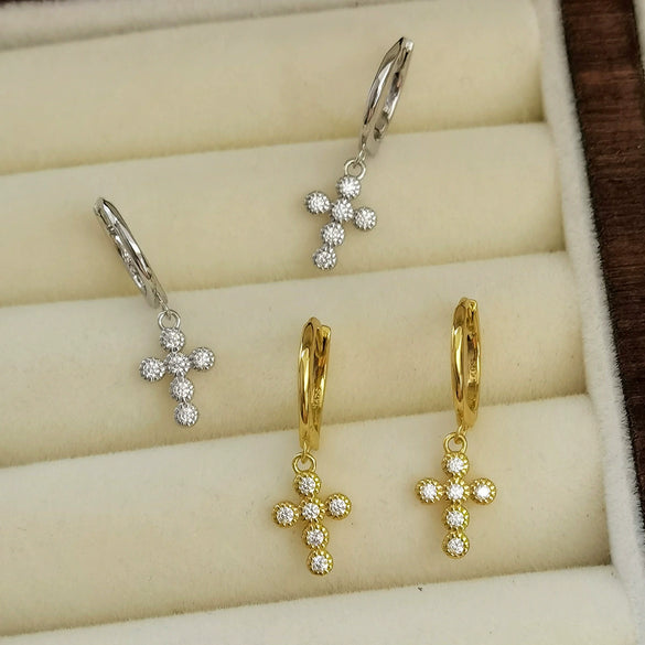 Wholesale 925 Sterling Silver Zircon Inlaid Geometric Cross Earring