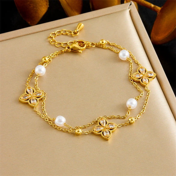Wholesale Sticky Diamond Four Petal Flower Double Layer Stacked Chain Geometric Stainless Steel Bracelet For Women