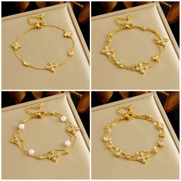 Wholesale Sticky Diamond Four Petal Flower Double Layer Stacked Chain Geometric Stainless Steel Bracelet For Women