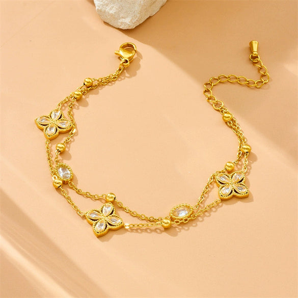 Wholesale Sticky Diamond Four Petal Flower Double Layer Stacked Chain Geometric Stainless Steel Bracelet For Women