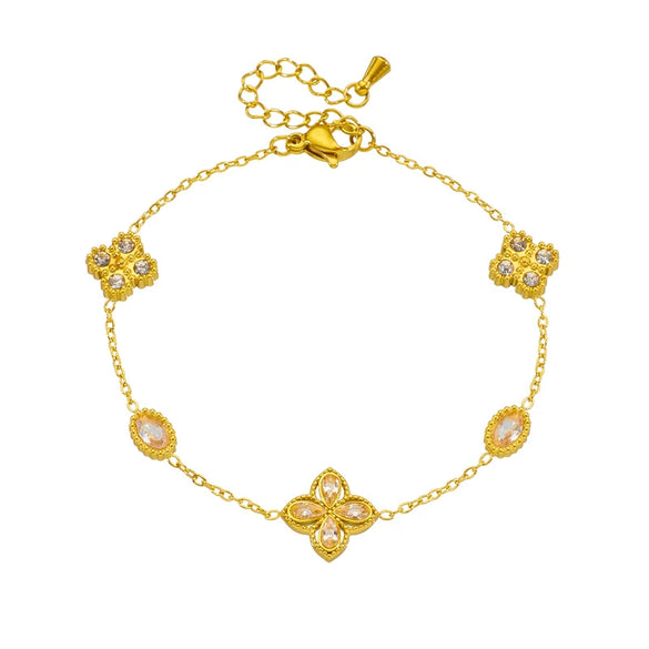 Wholesale Sticky Diamond Four Petal Flower Double Layer Stacked Chain Geometric Stainless Steel Bracelet For Women