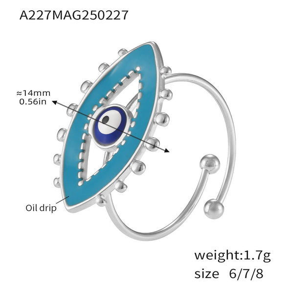Wholesale Strange Creative Women's Light Luxury Stainless Steel Opening Ring With Enamel Glaze Devil's Eye Design And Electroplating Geometric Pattern