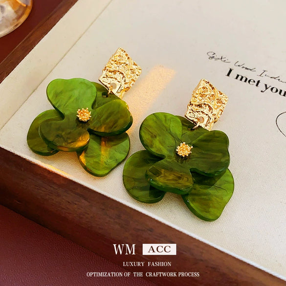 Wholesale Stud Earrings Alloy Green Flower Geometric Light Luxury Electroplating For Women