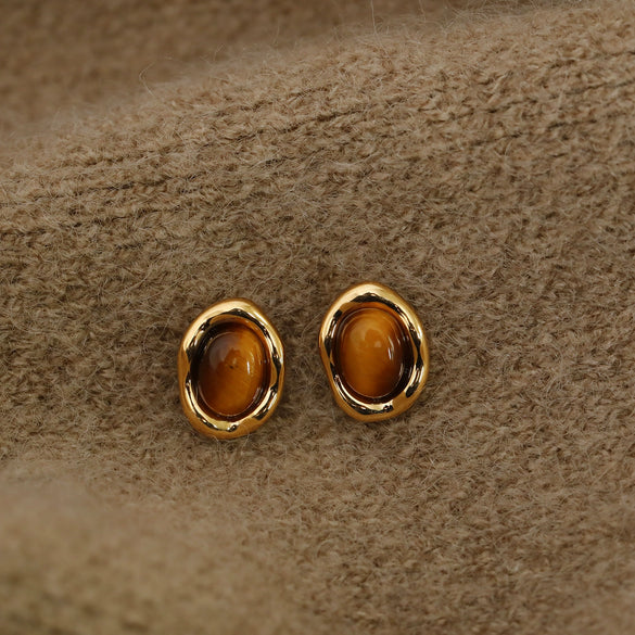 Wholesale Stud Earrings Copper Geometric Style Electroplating Tiger Eye Stone Ear Jewelry For Women