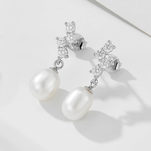 Wholesale Stud Earrings Freshwater Pearl S925 Sterling Silver Geometric Pearl Inlaid For Women