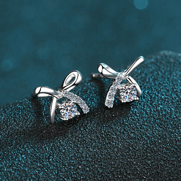 Wholesale Stud Earrings Moissanite Bow 925 Sterling Silver Plated Pt950 Gold Fourclaw Light Luxury Style
