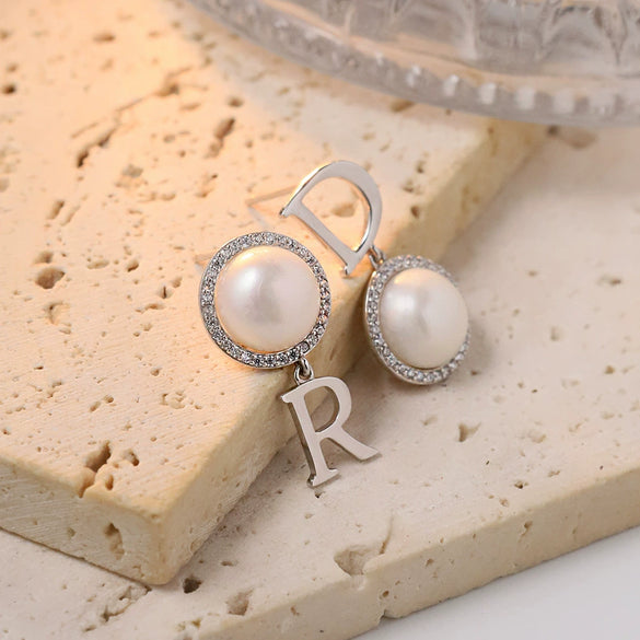Wholesale Stud Earrings S925 Silver With Natural Freshwater Pearl Pendant Handmade Letter Geometric Niche Style