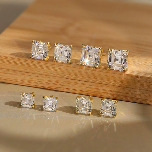 Wholesale Stud Earrings 925 Silver Cubic Zirconia Geometric Fourprong Square Inlaid Electroplated