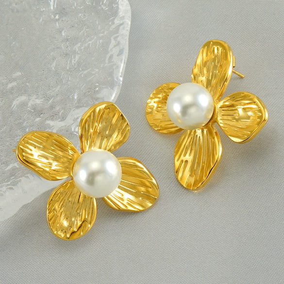 Wholesale Stud Earrings Stainless Steel Pearl Flower Electroplating Fashion Women's