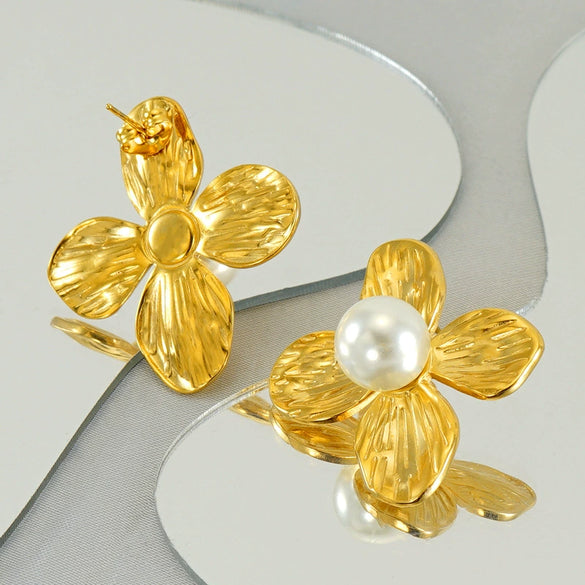 Wholesale Stud Earrings Stainless Steel Pearl Flower Electroplating Fashion Women's