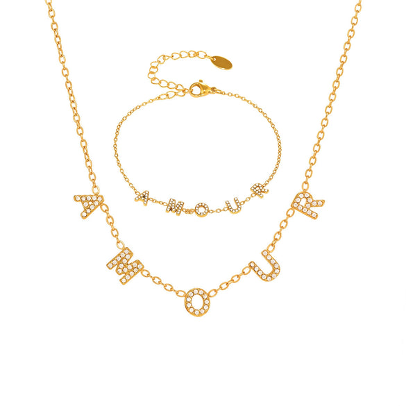 Wholesale Stylish English Letter Clavicle Necklace And Bracelet Set For Women Titanium Steel Electroplated 5A Zircon