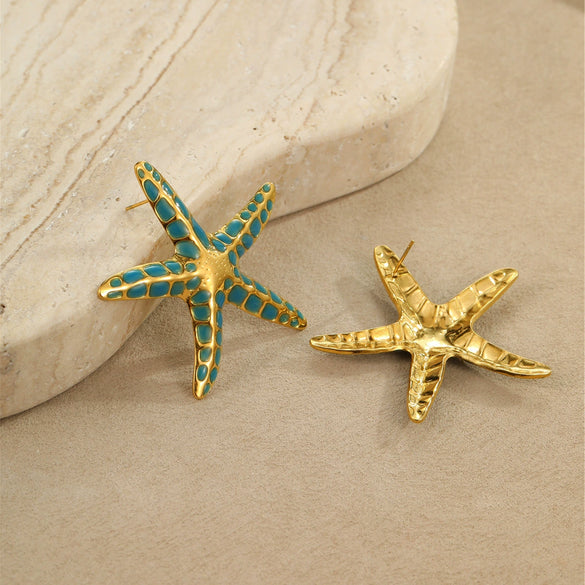 Wholesale Stylish Ocean Style Stainless Steel Colorful Oil Dripping Star Earrings And Titanium Steel Ring With Electroplating