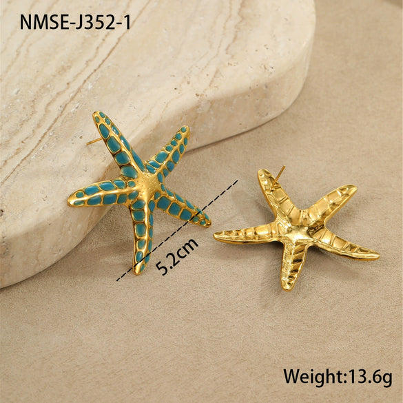 Wholesale Stylish Ocean Style Stainless Steel Colorful Oil Dripping Star Earrings And Titanium Steel Ring With Electroplating