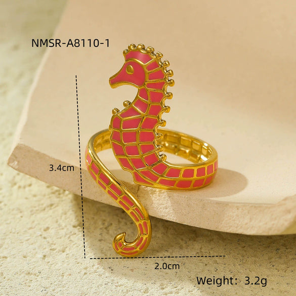 Wholesale Stylish Oil Dripping Seahorse Stainless Steel Ring With Electroplating Jewelry