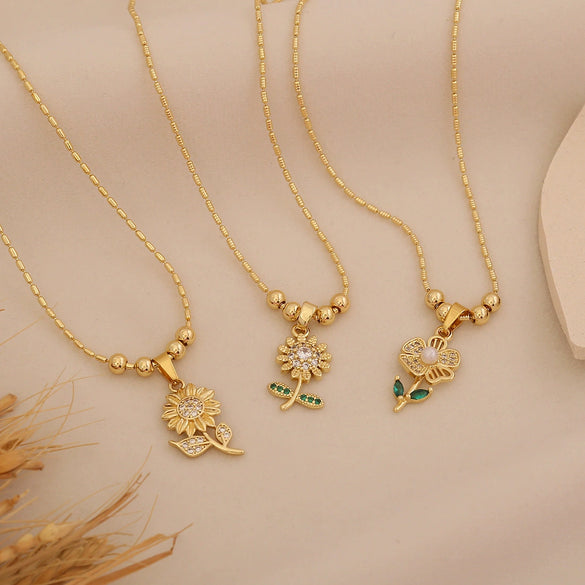 Wholesale Sunflower Pendant Necklace Light Luxury 18K Plated Copper Floral Pastoral Style Jewelry