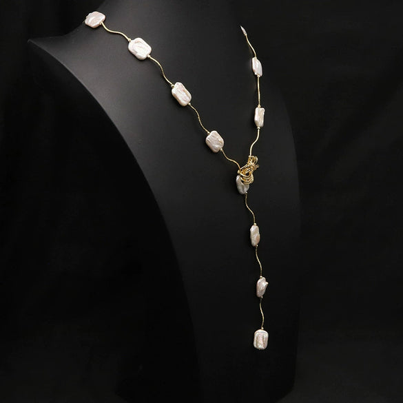 Wholesale Sweater Chain Natural Freshwater Pearl Retro Long Necklace With 18K Gold Plating Color Protection