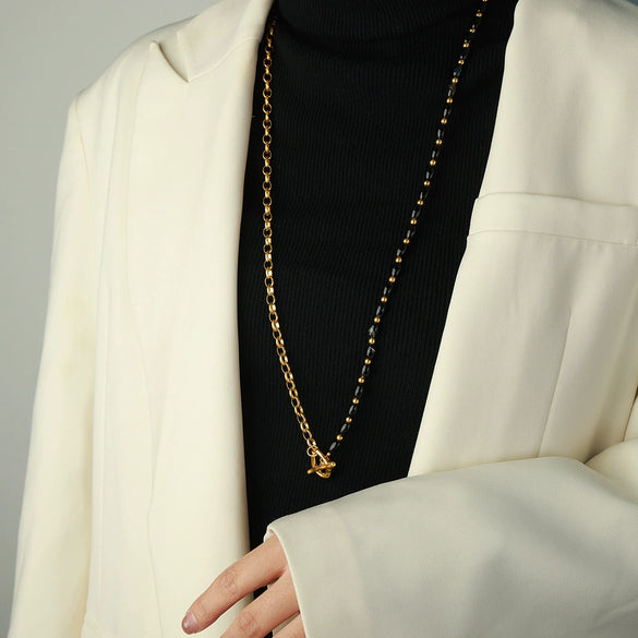 Wholesale Sweater Chain Necklace Jewelry Women Retro Geometric Style Titanium Steel Gilded Agate Handmade Beaded