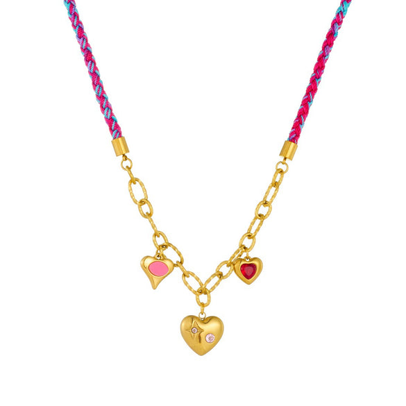 Wholesale Sweet And Cool Style Electroplated Stainless Steel Heartshaped Handwoven Rope Chain Necklace For Women