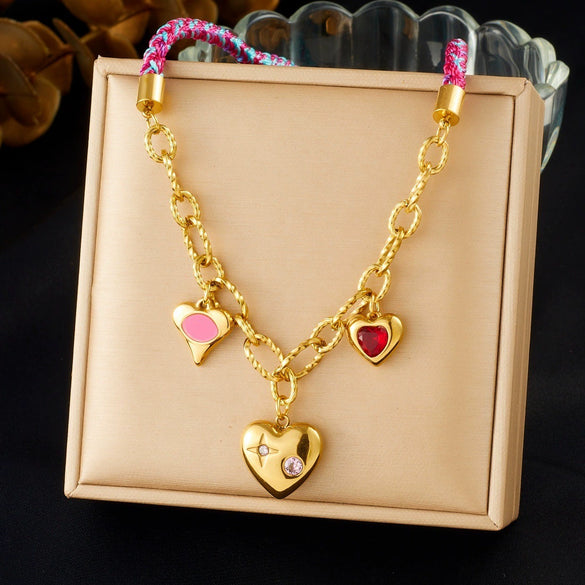 Wholesale Sweet And Cool Style Electroplated Stainless Steel Heartshaped Handwoven Rope Chain Necklace For Women