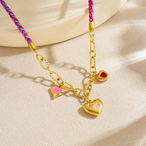 Wholesale Sweet And Cool Style Electroplated Stainless Steel Heartshaped Handwoven Rope Chain Necklace For Women