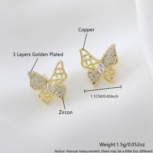 Wholesale Sweet Animal Shaped Hollow Copper Goldplated Butterfly Ear Studs For Women