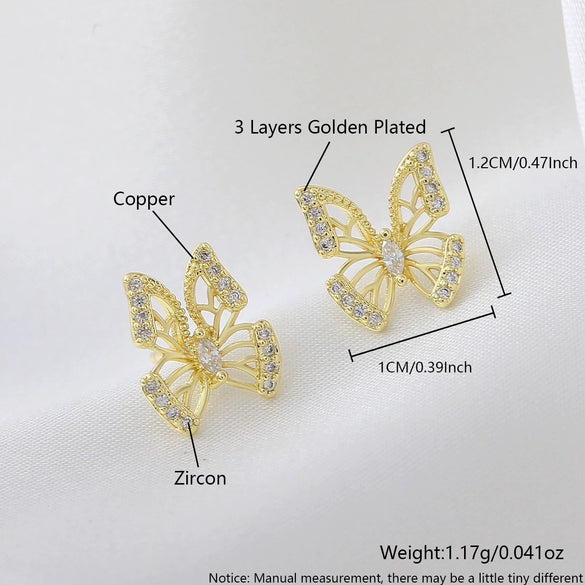 Wholesale Sweet Animal Shaped Hollow Copper Goldplated Butterfly Ear Studs For Women