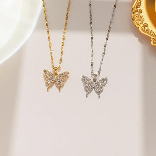 Wholesale Sweet Butterfly Titanium Steel Rhinestones Pendant Necklace