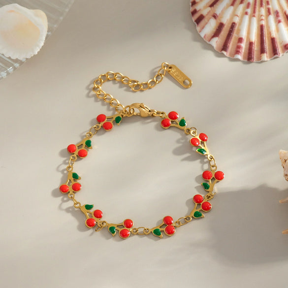 Wholesale Sweet Cherry Style Stainless Steel Hand Jewelry Set With Regular Chain And Titanium Steel Pendant Electroplated With Pvd Vacuum Real Gold