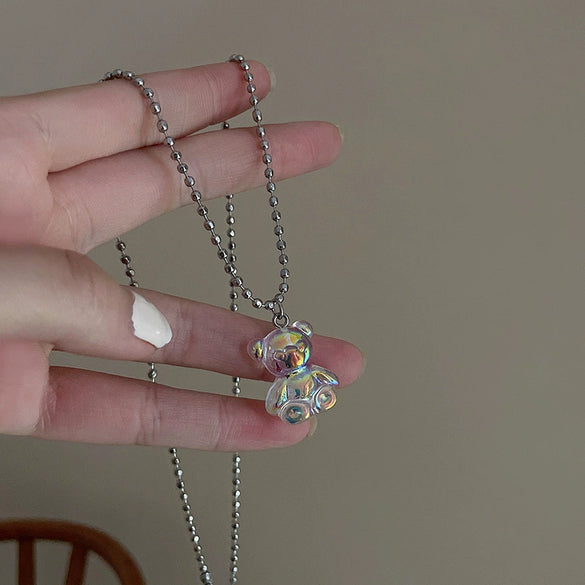 Wholesale Sweet Cool Jewelry Cute Fresh Transparent Alloy Bear Pendant Necklace With Electroplating For Women