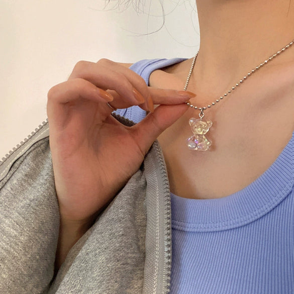 Wholesale Sweet Cool Jewelry Cute Fresh Transparent Alloy Bear Pendant Necklace With Electroplating For Women