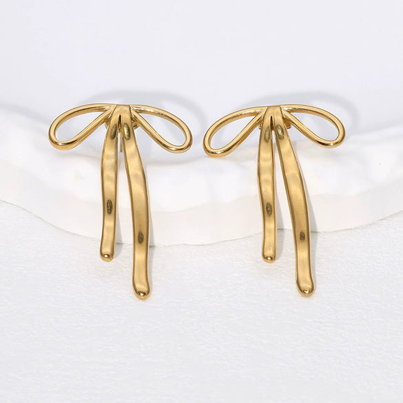 Wholesale Sweet Electroplated 18K Gold Stainless Steel Bow Earrings For Women